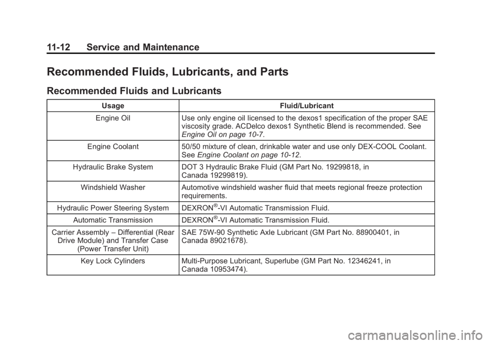 GMC ACADIA 2014 Service Manual Black plate (12,1)GMC Acadia/Acadia Denali Owner Manual (GMNA-Localizing-U.S./Canada/
Mexico-6014315) - 2014 - crc - 8/15/13
11-12 Service and Maintenance
Recommended Fluids, Lubricants, and Parts
Rec