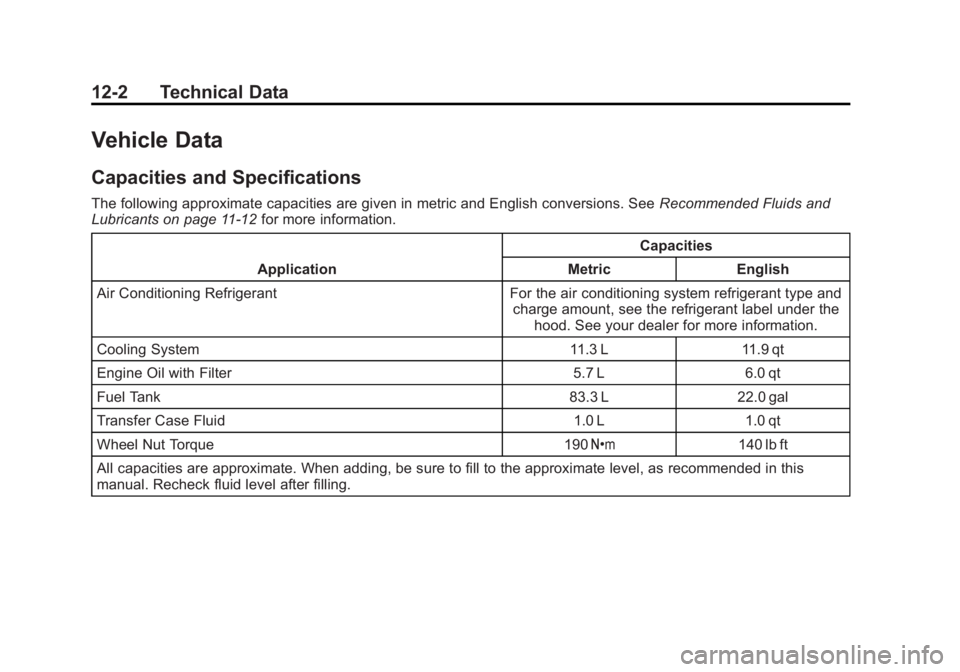 GMC ACADIA 2014 Owners Guide Black plate (2,1)GMC Acadia/Acadia Denali Owner Manual (GMNA-Localizing-U.S./Canada/
Mexico-6014315) - 2014 - crc - 8/15/13
12-2 Technical Data
Vehicle Data
Capacities and Specifications
The following