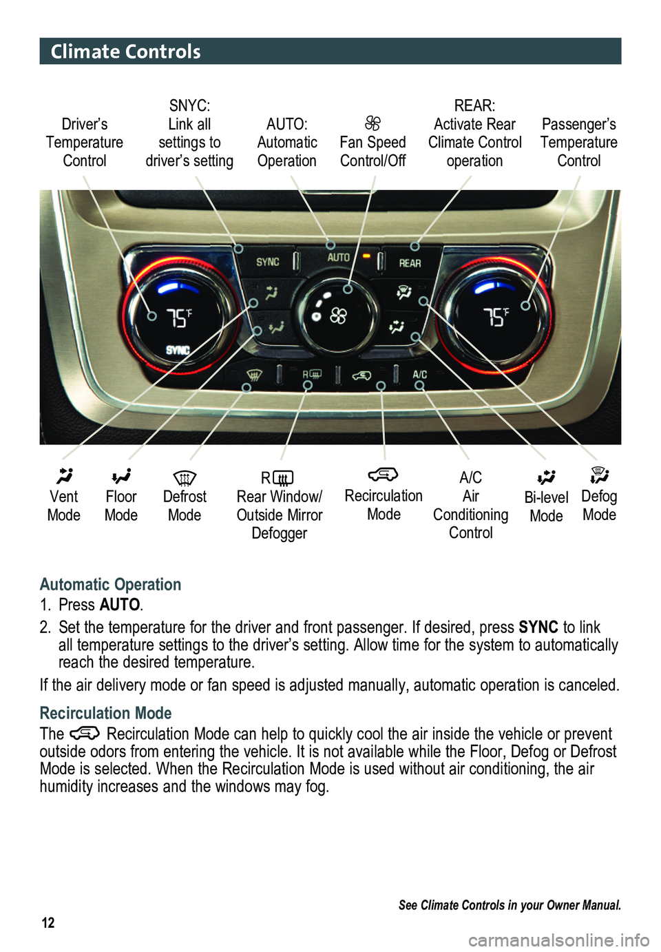 GMC ACADIA 2014  Get To Know Guide 12
Climate Controls
Automatic Operation
1. Press AUTO.
2. Set the temperature for the driver and front passenger. If desired, pres\
s SYNC to link all temperature settings to the driver’s setting. A