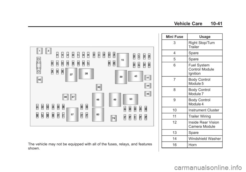 GMC SAVANA 2014 Owners Manual Black plate (41,1)GMC Savana Owner Manual (GMNA-Localizing-U.S./Canada-6014682) -
2014 - CRC 2nd Edition - 8/26/13
Vehicle Care 10-41
The vehicle may not be equipped with all of the fuses, relays, and GMC SAVANA 2014 Owners Manual Black plate (41,1)GMC Savana Owner Manual (GMNA-Localizing-U.S./Canada-6014682) -
2014 - CRC 2nd Edition - 8/26/13
Vehicle Care 10-41
The vehicle may not be equipped with all of the fuses, relays, and
