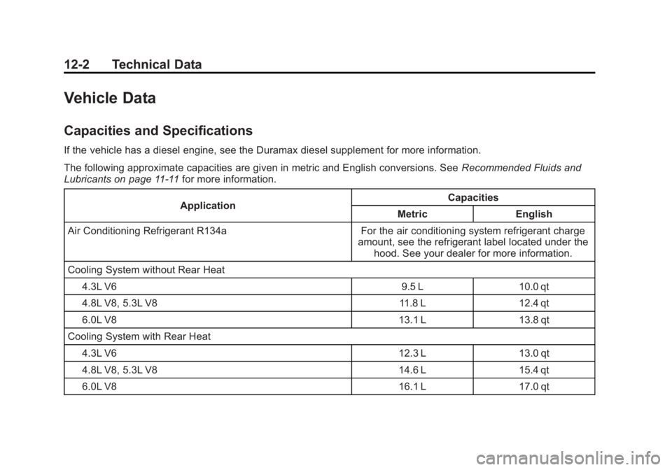 GMC SAVANA 2014  Owners Manual Black plate (2,1)GMC Savana Owner Manual (GMNA-Localizing-U.S./Canada-6014682) -
2014 - CRC 2nd Edition - 8/26/13
12-2 Technical Data
Vehicle Data
Capacities and Specifications
If the vehicle has a di