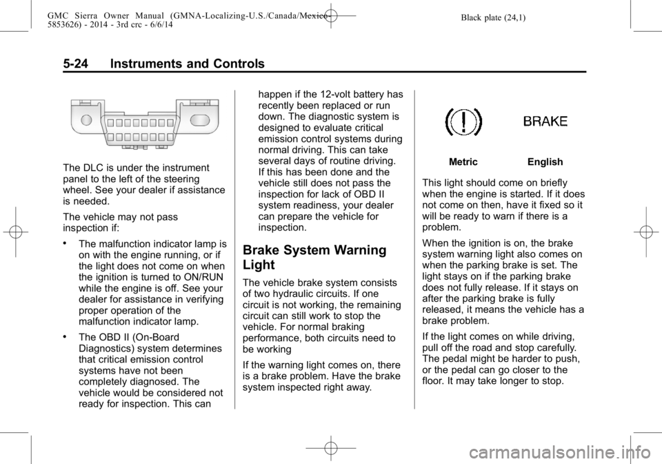 GMC SIERRA 2014  Owners Manual Black plate (24,1)GMC Sierra Owner Manual (GMNA-Localizing-U.S./Canada/Mexico-
5853626) - 2014 - 3rd crc - 6/6/14
5-24 Instruments and Controls
The DLC is under the instrument
panel to the left of the