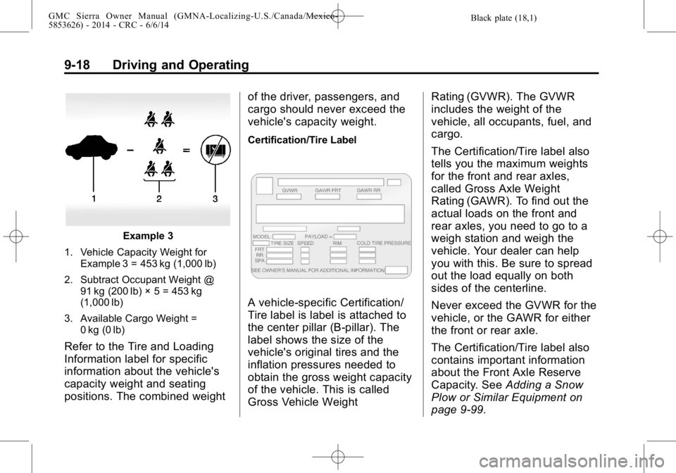 GMC SIERRA 2014  Owners Manual Black plate (18,1)GMC Sierra Owner Manual (GMNA-Localizing-U.S./Canada/Mexico-
5853626) - 2014 - CRC - 6/6/14
9-18 Driving and Operating
Example 3
1. Vehicle Capacity Weight for Example 3 = 453 kg (1,