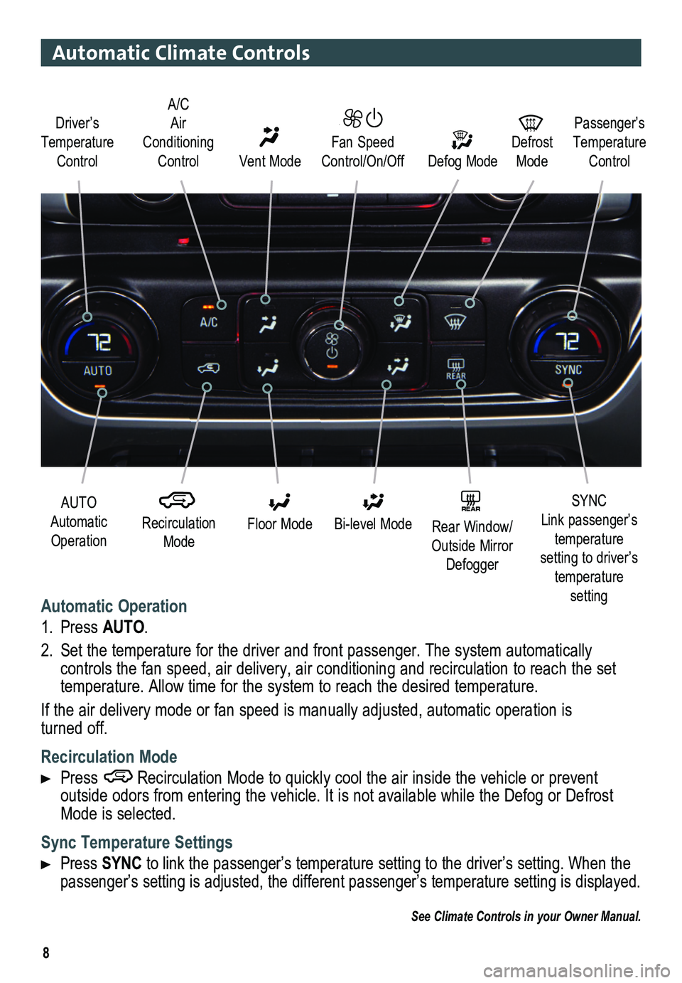 GMC SIERRA 2014 Get To Know Guide 8
Automatic Climate Controls
Automatic Operation
1. Press AUTO.
2. Set the temperature for the driver and front passenger. The system autom\
atically
controls the fan speed, air delivery, air condit GMC SIERRA 2014 Get To Know Guide 8
Automatic Climate Controls
Automatic Operation
1. Press AUTO.
2. Set the temperature for the driver and front passenger. The system autom\
atically
controls the fan speed, air delivery, air condit