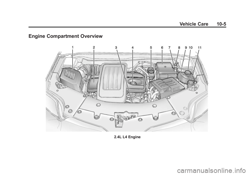 GMC TERRAIN 2014 Owners Manual Black plate (5,1)GMC Terrain/Terrain Denali Owner Manual (GMNA-Localizing-U.S./Canada/
Mexico-6081485) - 2014 - CRC - 12/6/13
Vehicle Care 10-5
Engine Compartment Overview
2.4L L4 Engine GMC TERRAIN 2014 Owners Manual Black plate (5,1)GMC Terrain/Terrain Denali Owner Manual (GMNA-Localizing-U.S./Canada/
Mexico-6081485) - 2014 - CRC - 12/6/13
Vehicle Care 10-5
Engine Compartment Overview
2.4L L4 Engine