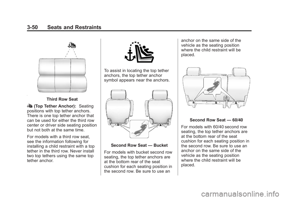 GMC YUKON 2014  Owners Manual Black plate (50,1)GMC Yukon/Yukon XL Owner Manual (GMNA-Localizing-U.S./Canada-
6081505) - 2014 - crc - 4/23/13
3-50 Seats and Restraints
Third Row Seat
I(Top Tether Anchor):Seating
positions with top