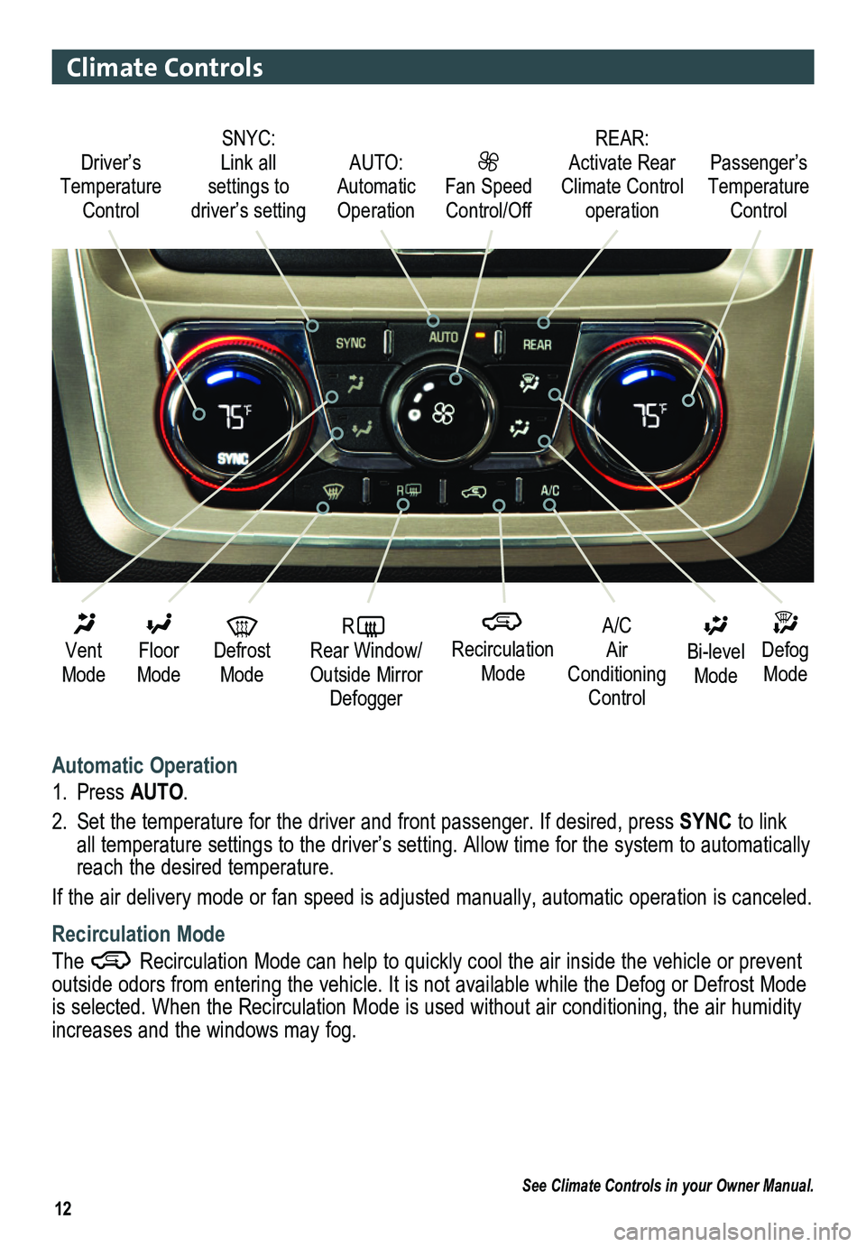 GMC ACADIA 2013  Get To Know Guide 12
Climate Controls
Automatic Operation
1. Press AUTO.
2. Set the temperature for the driver and front passenger. If desired, pres\
s SYNC to link all temperature settings to the driver’s setting. A