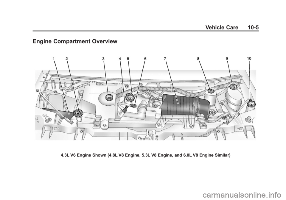 GMC SAVANA 2013  Owners Manual Black plate (5,1)GMC Savana Owner Manual - 2013 - 2nd Edition - 9/25/12
Vehicle Care 10-5
Engine Compartment Overview
4.3L V6 Engine Shown (4.8L V8 Engine, 5.3L V8 Engine, and 6.0L V8 Engine Similar) 