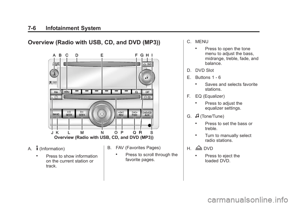 GMC SIERRA 2013 Owners Manual Black plate (6,1)GMC Sierra Owner Manual - 2013 - crc - 8/14/12
7-6 Infotainment System
Overview (Radio with USB, CD, and DVD (MP3))
Overview (Radio with USB, CD, and DVD (MP3))
A.
4(Information)
.Pre GMC SIERRA 2013 Owners Manual Black plate (6,1)GMC Sierra Owner Manual - 2013 - crc - 8/14/12
7-6 Infotainment System
Overview (Radio with USB, CD, and DVD (MP3))
Overview (Radio with USB, CD, and DVD (MP3))
A.
4(Information)
.Pre