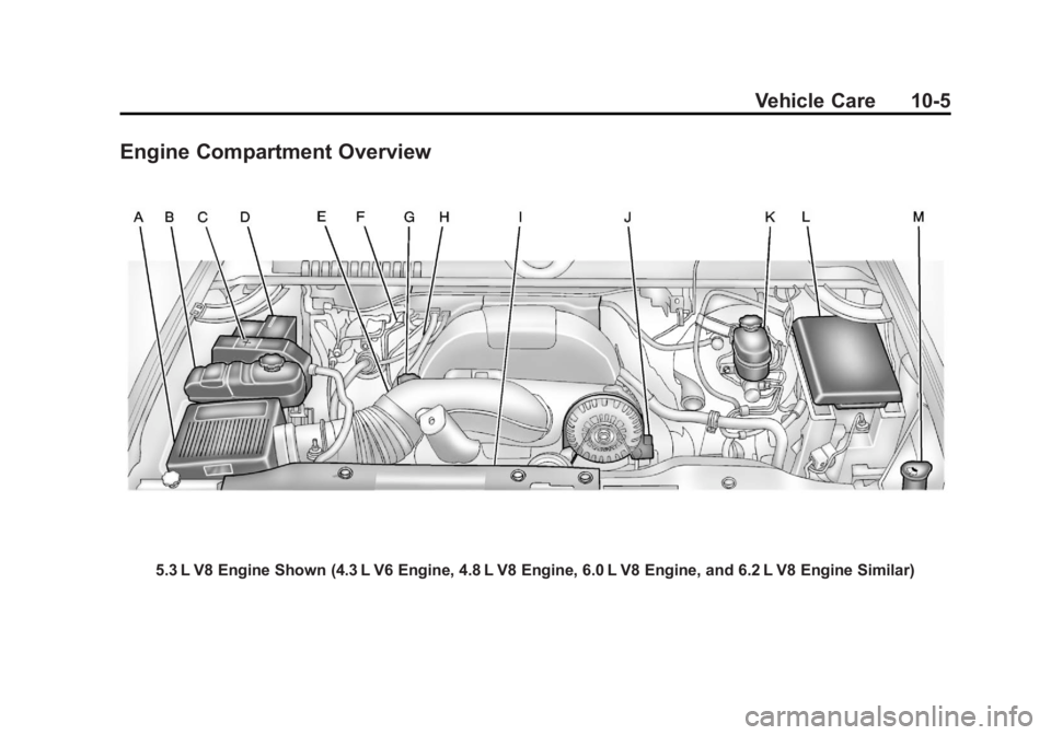 GMC SIERRA 2013  Owners Manual Black plate (5,1)GMC Sierra Owner Manual - 2013 - crc - 8/14/12
Vehicle Care 10-5
Engine Compartment Overview
5.3 L V8 Engine Shown (4.3 L V6 Engine, 4.8 L V8 Engine, 6.0 L V8 Engine, and 6.2 L V8 Eng