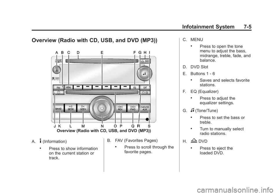 GMC YUKON 2013  Owners Manual Black plate (5,1)GMC Yukon/Yukon XL Owner Manual - 2013 - CRC 2nd edition - 8/15/12
Infotainment System 7-5
Overview (Radio with CD, USB, and DVD (MP3))
Overview (Radio with CD, USB, and DVD (MP3))
A.