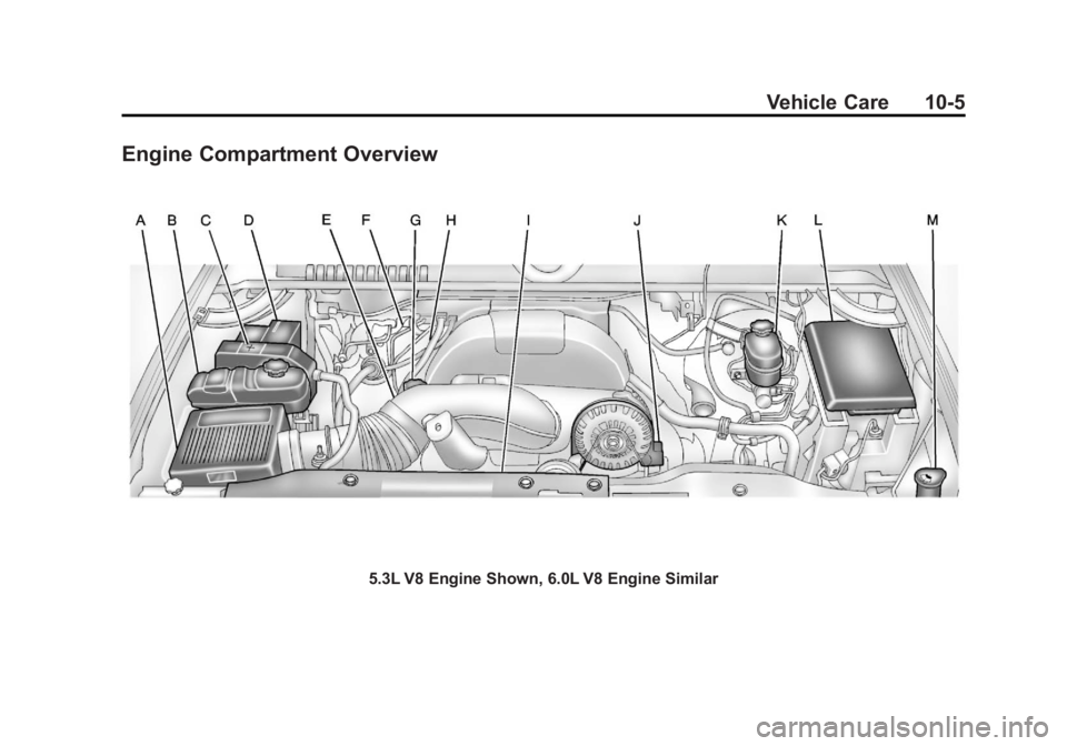 GMC YUKON 2013 Owners Manual Black plate (5,1)GMC Yukon/Yukon XL Owner Manual - 2013 - CRC 2nd edition - 8/15/12
Vehicle Care 10-5
Engine Compartment Overview
5.3L V8 Engine Shown, 6.0L V8 Engine Similar GMC YUKON 2013 Owners Manual Black plate (5,1)GMC Yukon/Yukon XL Owner Manual - 2013 - CRC 2nd edition - 8/15/12
Vehicle Care 10-5
Engine Compartment Overview
5.3L V8 Engine Shown, 6.0L V8 Engine Similar