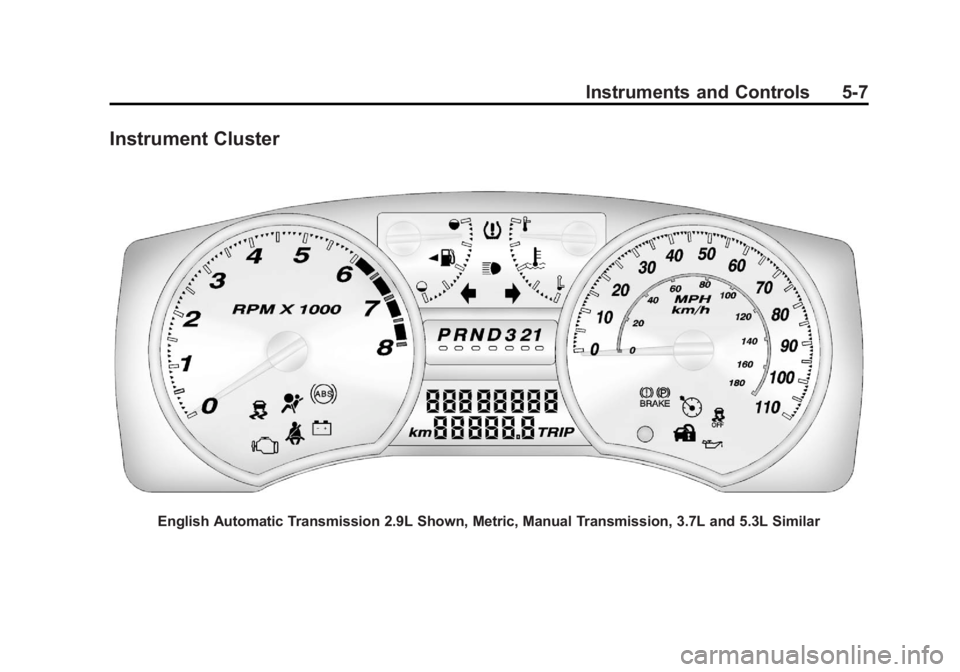 GMC CANYON 2012 Owners Manual Black plate (7,1)GMC Canyon Owner Manual - 2012
Instruments and Controls 5-7
Instrument Cluster
English Automatic Transmission 2.9L Shown, Metric, Manual Transmission, 3.7L and 5.3L Similar GMC CANYON 2012 Owners Manual Black plate (7,1)GMC Canyon Owner Manual - 2012
Instruments and Controls 5-7
Instrument Cluster
English Automatic Transmission 2.9L Shown, Metric, Manual Transmission, 3.7L and 5.3L Similar