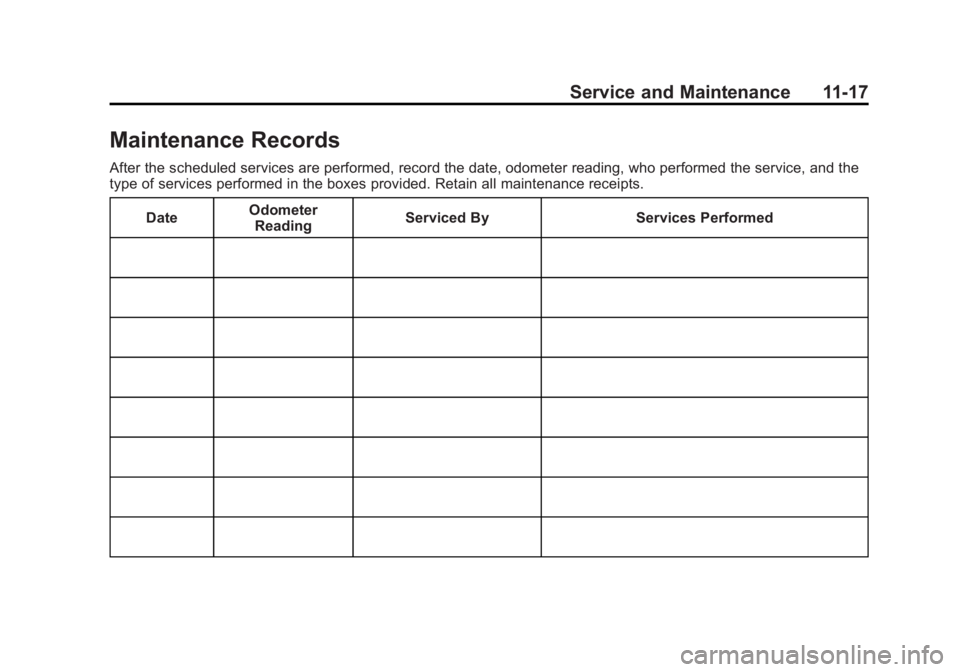 GMC CANYON 2012  Owners Manual Black plate (17,1)GMC Canyon Owner Manual - 2012
Service and Maintenance 11-17
Maintenance Records
After the scheduled services are performed, record the date, odometer reading, who performed the serv