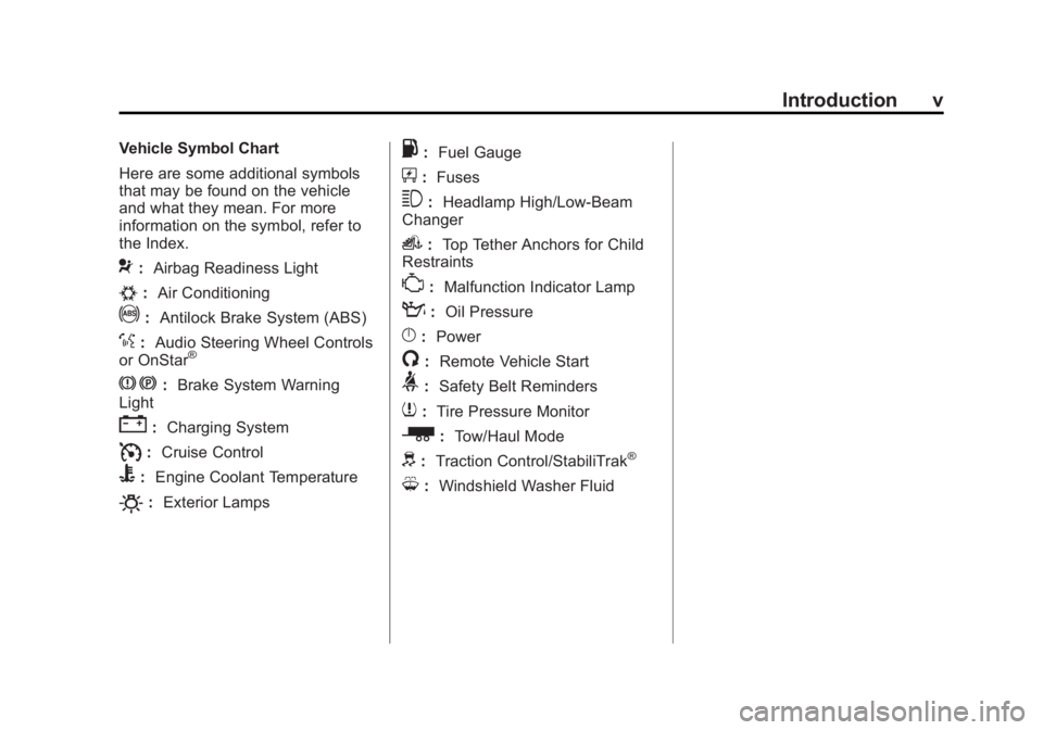 GMC SAVANA 2012  Owners Manual Black plate (5,1)GMC Savana Owner Manual - 2012 - 2nd - 11/11/11
Introduction v
Vehicle Symbol Chart
Here are some additional symbols
that may be found on the vehicle
and what they mean. For more
info