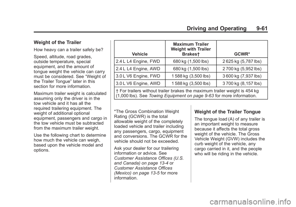 GMC TERRAIN 2012 Owners Manual Black plate (61,1)GMC Terrain Owner Manual (Include Mex) - 2012
Driving and Operating 9-61
Weight of the Trailer
How heavy can a trailer safely be?
Speed, altitude, road grades,
outside temperature, s GMC TERRAIN 2012 Owners Manual Black plate (61,1)GMC Terrain Owner Manual (Include Mex) - 2012
Driving and Operating 9-61
Weight of the Trailer
How heavy can a trailer safely be?
Speed, altitude, road grades,
outside temperature, s