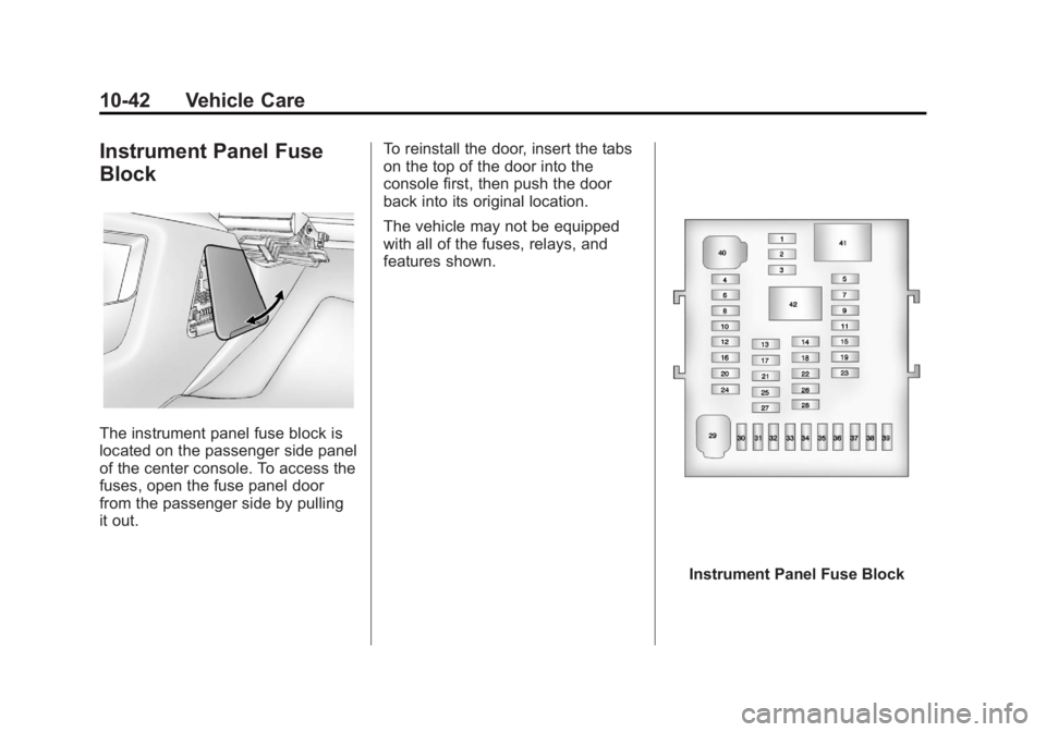 GMC TERRAIN 2012  Owners Manual Black plate (42,1)GMC Terrain Owner Manual (Include Mex) - 2012
10-42 Vehicle Care
Instrument Panel Fuse
Block
The instrument panel fuse block is
located on the passenger side panel
of the center cons