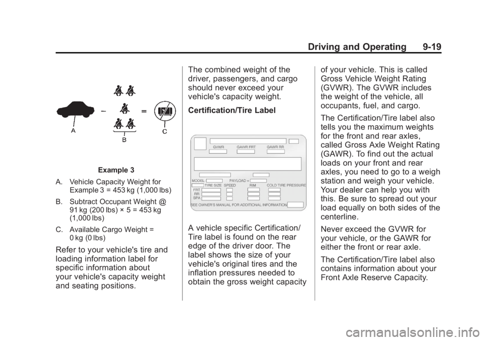GMC YUKON 2012 Owners Manual Black plate (19,1)GMC Yukon/Yukon XL Owner Manual - 2012
Driving and Operating 9-19
Example 3
A. Vehicle Capacity Weight for Example 3 = 453 kg (1,000 lbs)
B. Subtract Occupant Weight @ 91 kg (200 lbs GMC YUKON 2012 Owners Manual Black plate (19,1)GMC Yukon/Yukon XL Owner Manual - 2012
Driving and Operating 9-19
Example 3
A. Vehicle Capacity Weight for Example 3 = 453 kg (1,000 lbs)
B. Subtract Occupant Weight @ 91 kg (200 lbs