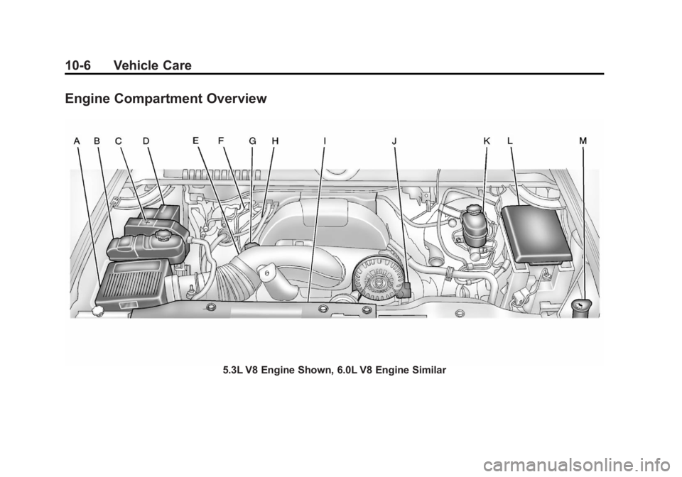 GMC YUKON 2012 Owners Manual Black plate (6,1)GMC Yukon/Yukon XL Owner Manual - 2012
10-6 Vehicle Care
Engine Compartment Overview
5.3L V8 Engine Shown, 6.0L V8 Engine Similar GMC YUKON 2012 Owners Manual Black plate (6,1)GMC Yukon/Yukon XL Owner Manual - 2012
10-6 Vehicle Care
Engine Compartment Overview
5.3L V8 Engine Shown, 6.0L V8 Engine Similar