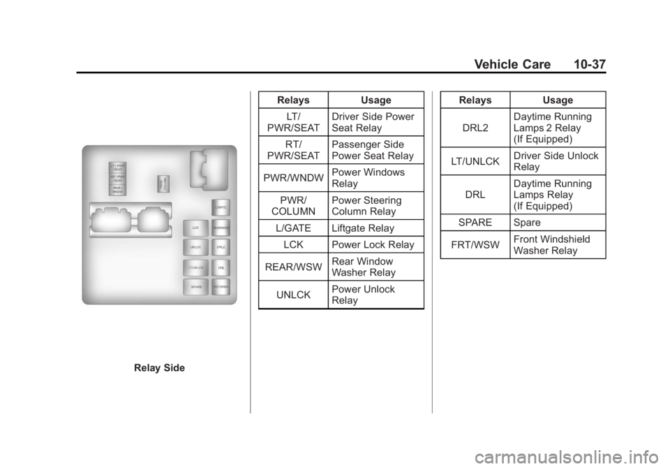 GMC ACADIA 2011 Owners Manual Black plate (37,1)GMC Acadia/Acadia Denali Owner Manual - 2011
Vehicle Care 10-37
Relay SideRelays Usage
LT/
PWR/SEAT Driver Side Power
Seat Relay
RT/
PWR/SEAT Passenger Side
Power Seat Relay
PWR/WNDW GMC ACADIA 2011 Owners Manual Black plate (37,1)GMC Acadia/Acadia Denali Owner Manual - 2011
Vehicle Care 10-37
Relay SideRelays Usage
LT/
PWR/SEAT Driver Side Power
Seat Relay
RT/
PWR/SEAT Passenger Side
Power Seat Relay
PWR/WNDW
