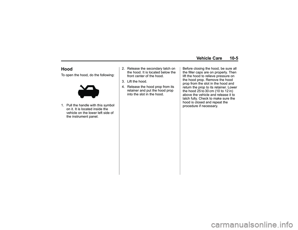 GMC CANYON 2011  Owners Manual Bla ck pla te (5 ,1 )
G M C Can yon Owner M an ual - 2011
V eh ic le Care 10-5
H oodTo ope n th e ho od , do th e fo llo w in g:1. Pull th e han dle wit h th is sym bol
o n it . It is lo ca te d in si