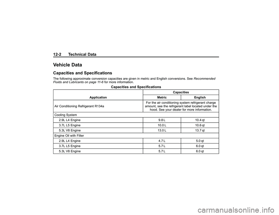 GMC CANYON 2011  Owners Manual Bla ck pla te (2 ,1 )
G M C Can yon Owner M an ual - 2011
1 2-2 Te ch nic al D ataV eh ic le DataC ap acit ie s an d Specif ic atio nsT he fo llo w in g ap pro xim ate co nve rs io n ca pacit ie s are