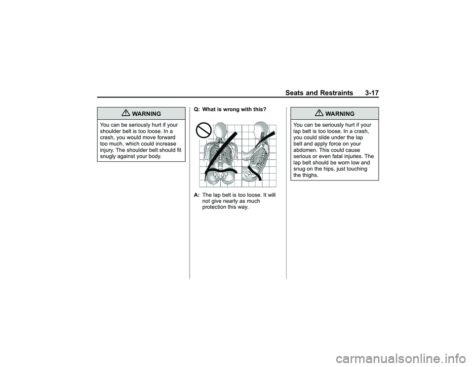 GMC CANYON 2011 Repair Manual Bla ck pla te (1 7,1 )
G M C Can yon Owner M an ual - 2011
S eats an d Restr a in ts 3-1 7
{
W ARNIN G
You ca n be se rio usly hurt if yo ur
s h ould er belt is to o lo ose . In a
c ra sh , yo u wou l
