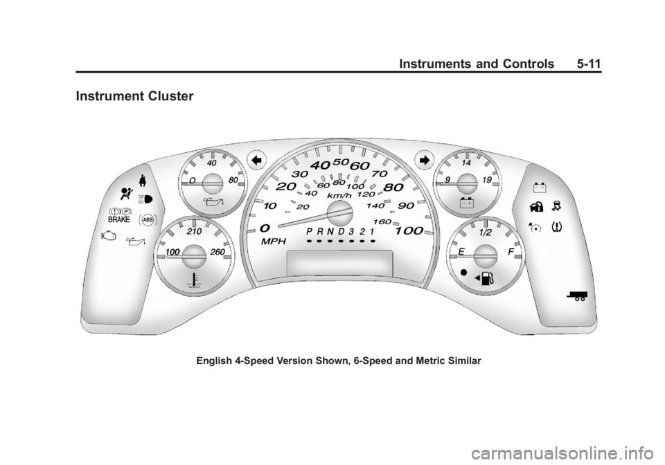 GMC SAVANA 2011 Owners Manual Black plate (11,1)GMC Savana Owner Manual - 2011
Instruments and Controls 5-11
Instrument Cluster
English 4‐Speed Version Shown, 6‐Speed and Metric Similar GMC SAVANA 2011 Owners Manual Black plate (11,1)GMC Savana Owner Manual - 2011
Instruments and Controls 5-11
Instrument Cluster
English 4‐Speed Version Shown, 6‐Speed and Metric Similar