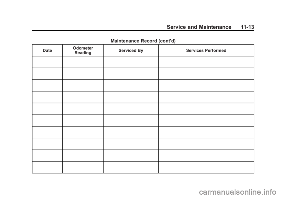 GMC SIERRA 2011  Owners Manual Black plate (13,1)GMC Sierra Owner Manual - 2011
Service and Maintenance 11-13
Maintenance Record (cont'd)
DateOdometer
Reading Serviced By Services Performed 