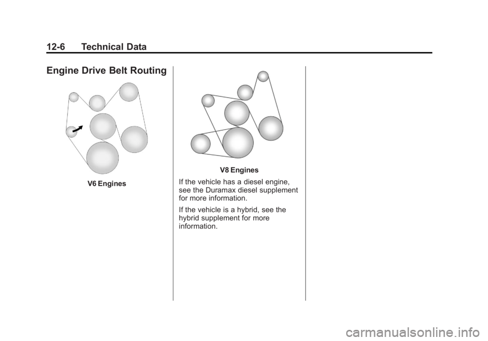 GMC SIERRA 2011  Owners Manual Black plate (6,1)GMC Sierra Owner Manual - 2011
12-6 Technical Data
Engine Drive Belt Routing
V6 Engines
V8 Engines
If the vehicle has a diesel engine,
see the Duramax diesel supplement
for more infor