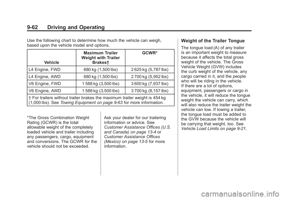 GMC TERRAIN 2011 Owners Manual Black plate (62,1)GMC Terrain Owner Manual - 2011
9-62 Driving and Operating
Use the following chart to determine how much the vehicle can weigh,
based upon the vehicle model and options.Vehicle Maxim GMC TERRAIN 2011 Owners Manual Black plate (62,1)GMC Terrain Owner Manual - 2011
9-62 Driving and Operating
Use the following chart to determine how much the vehicle can weigh,
based upon the vehicle model and options.Vehicle Maxim