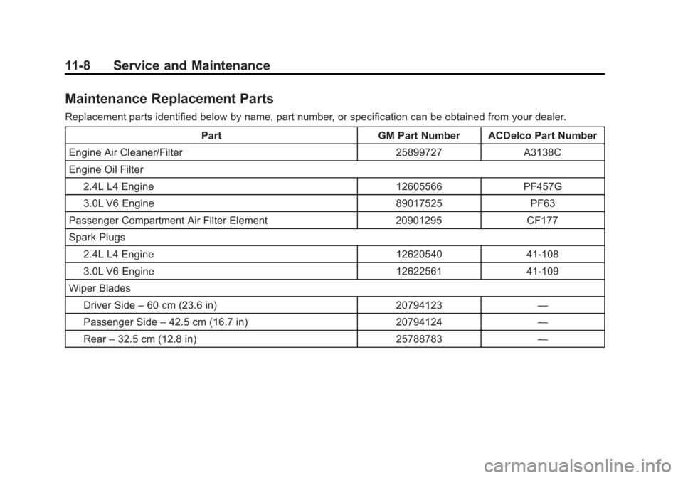 GMC TERRAIN 2011 Owners Manual Black plate (8,1)GMC Terrain Owner Manual - 2011
11-8 Service and Maintenance
Maintenance Replacement Parts
Replacement parts identified below by name, part number, or specification can be obtained fr GMC TERRAIN 2011 Owners Manual Black plate (8,1)GMC Terrain Owner Manual - 2011
11-8 Service and Maintenance
Maintenance Replacement Parts
Replacement parts identified below by name, part number, or specification can be obtained fr