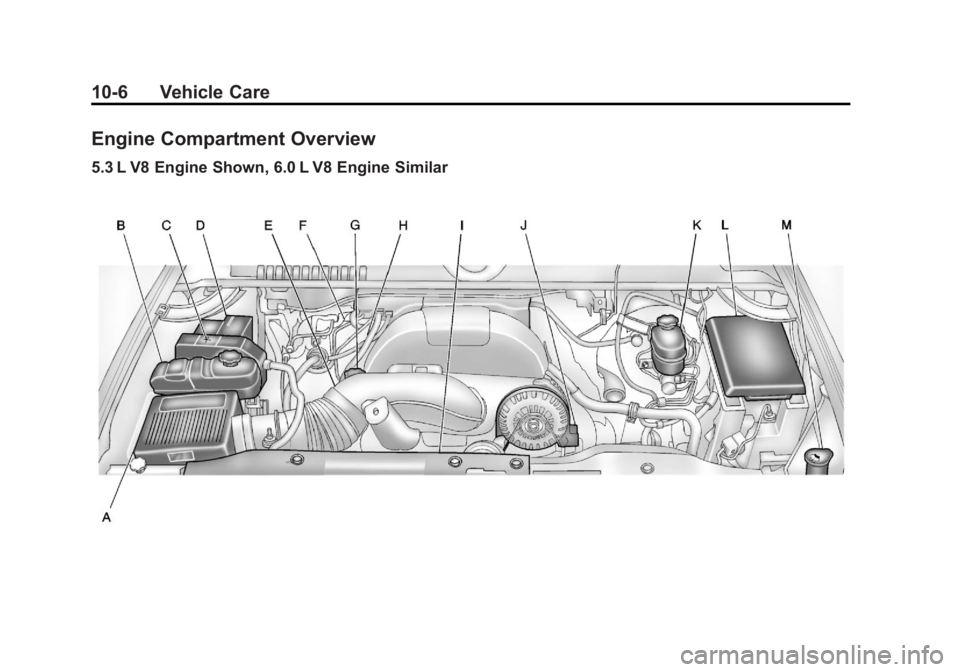 GMC YUKON 2011  Owners Manual Black plate (6,1)GMC Yukon/Yukon XL Owner Manual - 2011
10-6 Vehicle Care
Engine Compartment Overview
5.3 L V8 Engine Shown, 6.0 L V8 Engine Similar 