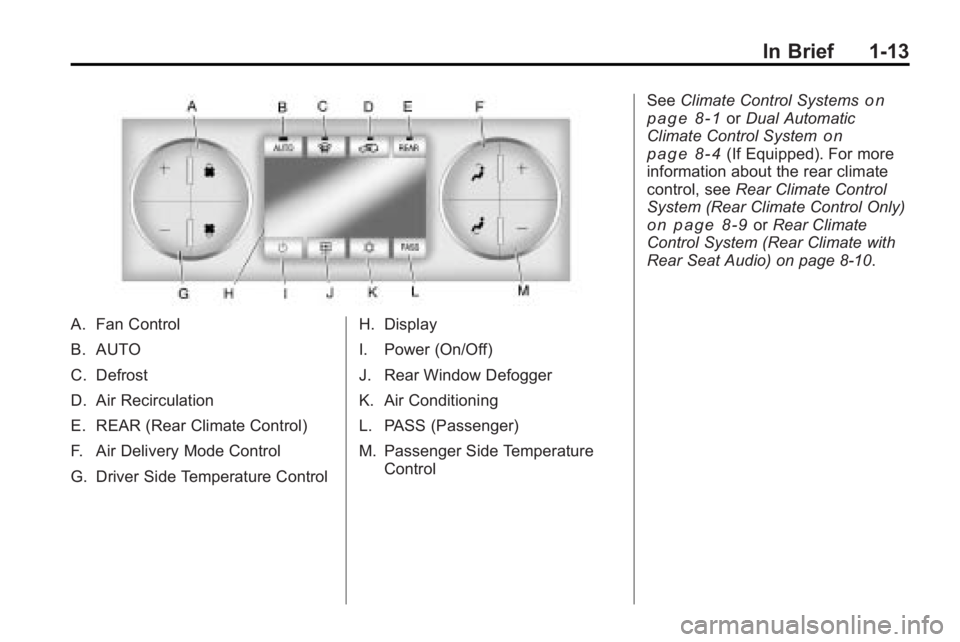GMC ACADIA 2010 User Guide In Brief 1-13
A. Fan Control
B. AUTO
C. Defrost
D. Air Recirculation
E. REAR (Rear Climate Control)
F. Air Delivery Mode Control
G. Driver Side Temperature ControlH. Display
I. Power (On/Off)
J. Rear GMC ACADIA 2010 User Guide In Brief 1-13
A. Fan Control
B. AUTO
C. Defrost
D. Air Recirculation
E. REAR (Rear Climate Control)
F. Air Delivery Mode Control
G. Driver Side Temperature ControlH. Display
I. Power (On/Off)
J. Rear