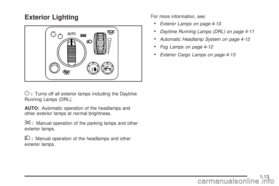 GMC CANYON 2010  Owners Manual Exterior Lighting
O:Turns off all exterior lamps including the Daytime
Running Lamps (DRL).
AUTO:Automatic operation of the headlamps and
other exterior lamps at normal brightness.
;:Manual operation 