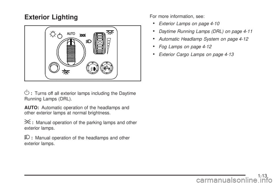 GMC CANYON 2010 User Guide Exterior Lighting
O:Turns off all exterior lamps including the Daytime
Running Lamps (DRL).
AUTO:Automatic operation of the headlamps and
other exterior lamps at normal brightness.
;:Manual operation 