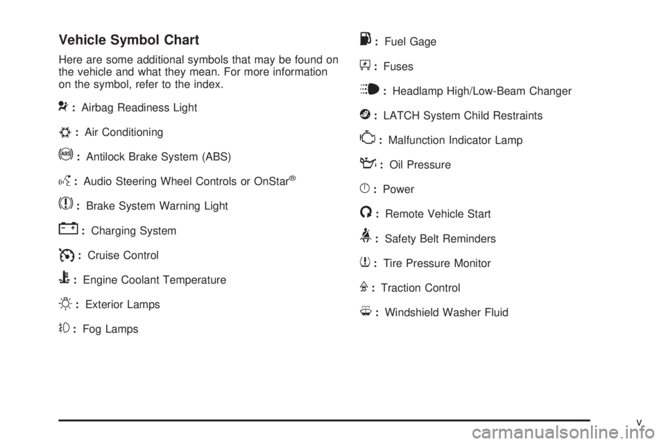 GMC CANYON 2010  Owners Manual Vehicle Symbol Chart
Here are some additional symbols that may be found on
the vehicle and what they mean. For more information
on the symbol, refer to the index.
9:Airbag Readiness Light
#:Air Condit