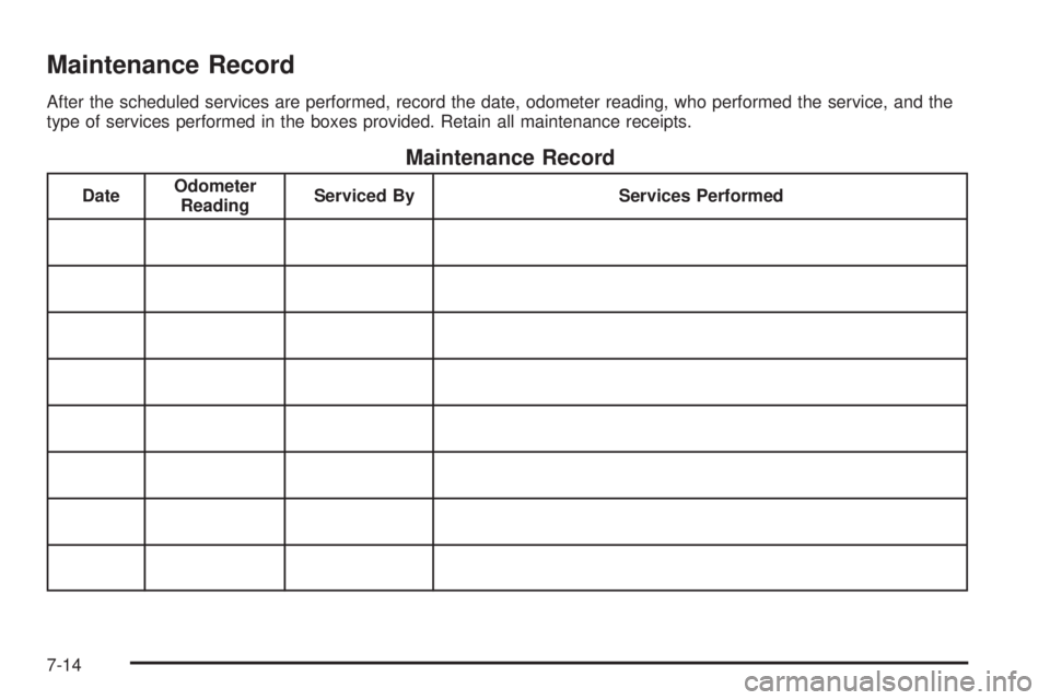 GMC CANYON 2010 Owners Manual Maintenance Record
After the scheduled services are performed, record the date, odometer reading, who performed the service, and the
type of services performed in the boxes provided. Retain all mainte GMC CANYON 2010 Owners Manual Maintenance Record
After the scheduled services are performed, record the date, odometer reading, who performed the service, and the
type of services performed in the boxes provided. Retain all mainte