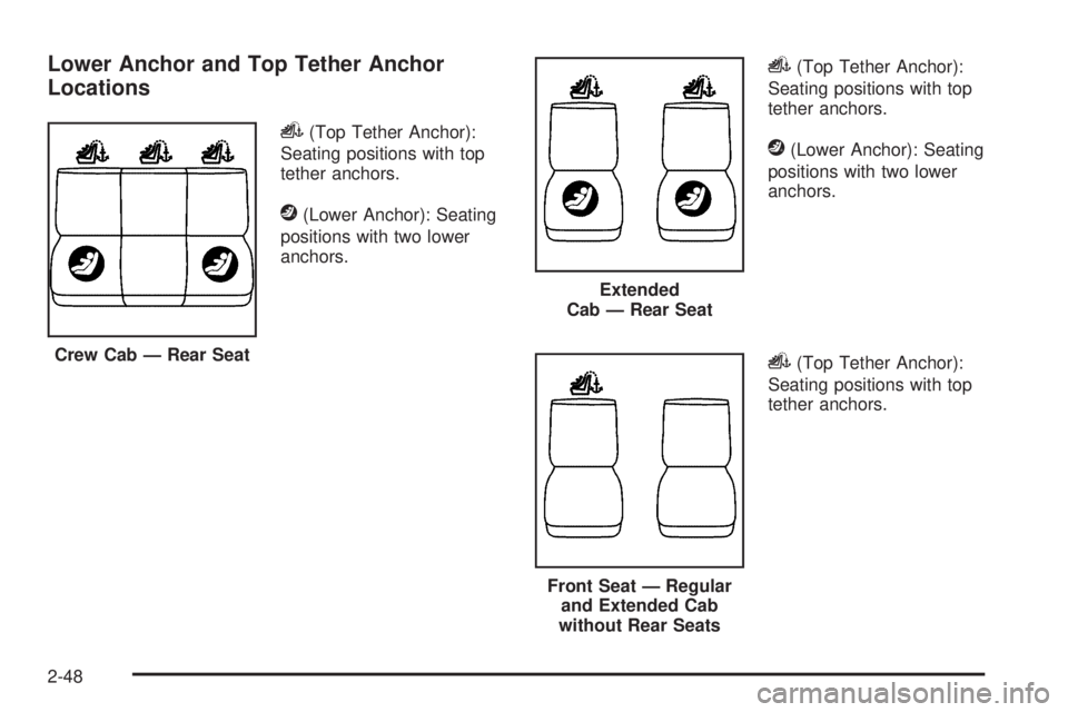 GMC CANYON 2010  Owners Manual Lower Anchor and Top Tether Anchor
Locations
i(Top Tether Anchor):
Seating positions with top
tether anchors.
j(Lower Anchor): Seating
positions with two lower
anchors.
i(Top Tether Anchor):
Seating p