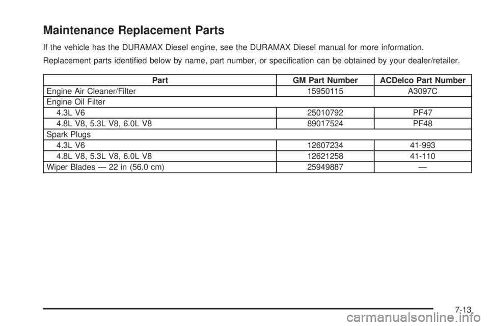 GMC SAVANA 2010  Owners Manual Maintenance Replacement Parts
If the vehicle has the DURAMAX Diesel engine, see the DURAMAX Diesel manual for more information.
Replacement parts identiﬁed below by name, part number, or speciﬁcat