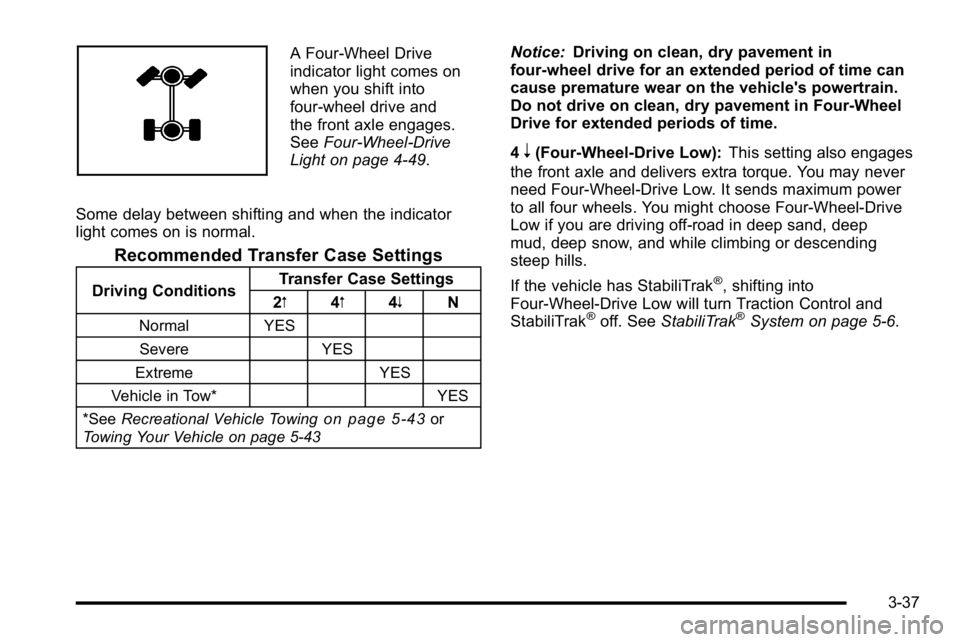 GMC SIERRA 2010 Owners Manual A Four-Wheel Drive
indicator light comes on
when you shift into
four-wheel drive and
the front axle engages.
SeeFour-Wheel-Drive
Light on page 4‑49.
Some delay between shifting and when the indicato GMC SIERRA 2010 Owners Manual A Four-Wheel Drive
indicator light comes on
when you shift into
four-wheel drive and
the front axle engages.
SeeFour-Wheel-Drive
Light on page 4‑49.
Some delay between shifting and when the indicato
