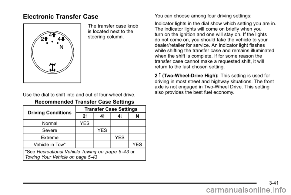 GMC SIERRA 2010 Owners Manual Electronic Transfer Case
The transfer case knob
is located next to the
steering column.
Use the dial to shift into and out of four-wheel drive.
Recommended Transfer Case Settings
Driving Conditions Tr GMC SIERRA 2010 Owners Manual Electronic Transfer Case
The transfer case knob
is located next to the
steering column.
Use the dial to shift into and out of four-wheel drive.
Recommended Transfer Case Settings
Driving Conditions Tr