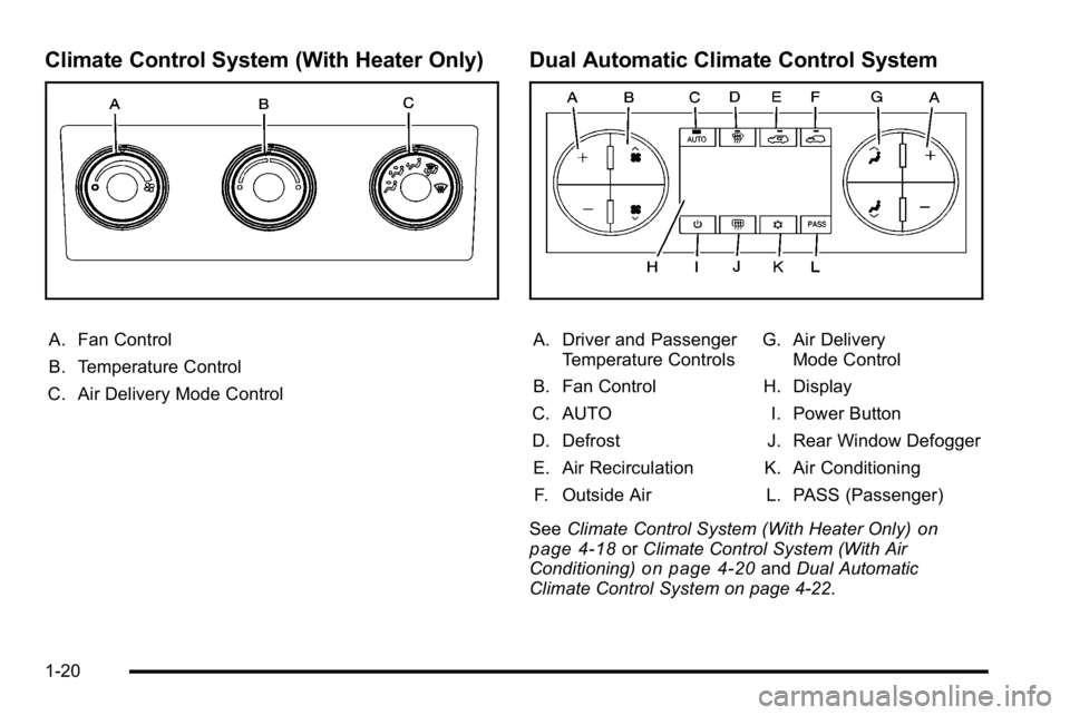 GMC SIERRA 2010 Owners Guide Climate Control System (With Heater Only)
A. Fan Control
B. Temperature Control
C. Air Delivery Mode Control
Dual Automatic Climate Control System
A. Driver and Passenger Temperature Controls
B. Fan C