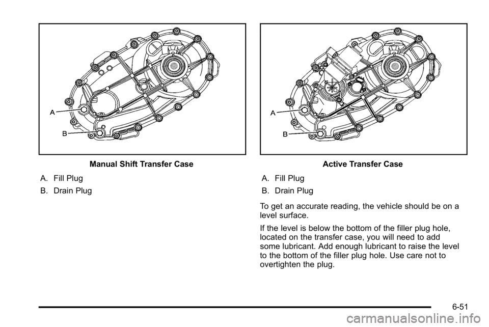 GMC SIERRA 2010  Owners Manual Manual Shift Transfer Case
A. Fill Plug
B. Drain PlugActive Transfer Case
A. Fill Plug
B. Drain Plug
To get an accurate reading, the vehicle should be on a
level surface.
If the level is below the bot