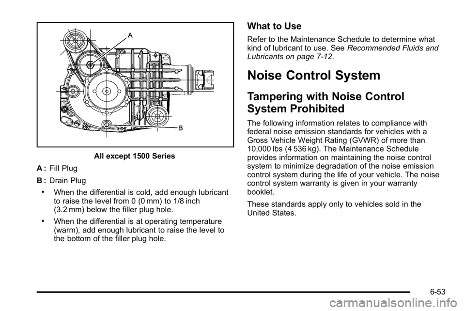 GMC SIERRA 2010  Owners Manual All except 1500 Series
A : Fill Plug
B : Drain Plug
.When the differential is cold, add enough lubricant
to raise the level from 0 (0 mm) to 1/8 inch
(3.2 mm) below the filler plug hole.
.When the dif