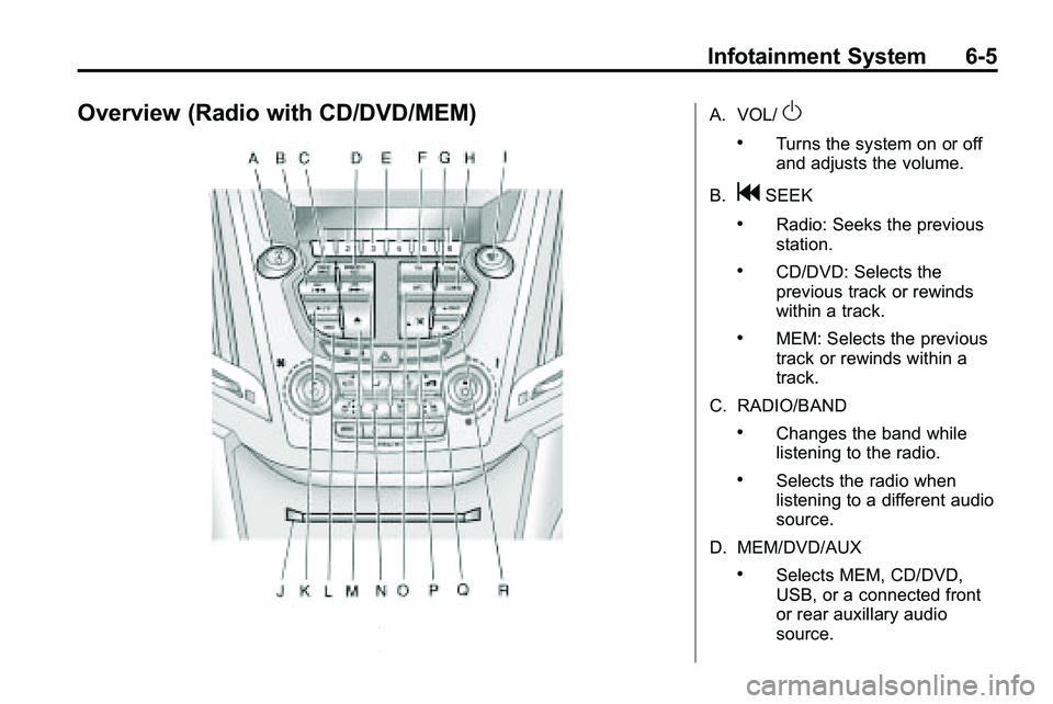 GMC TERRAIN 2010 Owners Manual Infotainment System 6-5
Overview (Radio with CD/DVD/MEM)A. VOL/O
.Turns the system on or off
and adjusts the volume.
B.
gSEEK
.Radio: Seeks the previous
station.
.CD/DVD: Selects the
previous track or GMC TERRAIN 2010 Owners Manual Infotainment System 6-5
Overview (Radio with CD/DVD/MEM)A. VOL/O
.Turns the system on or off
and adjusts the volume.
B.
gSEEK
.Radio: Seeks the previous
station.
.CD/DVD: Selects the
previous track or