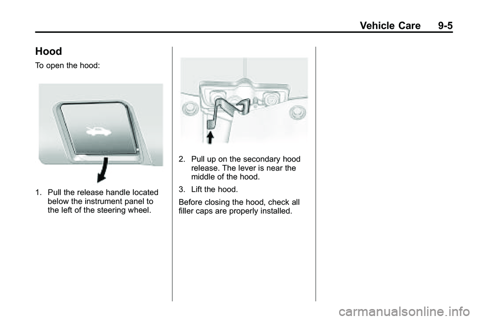 GMC TERRAIN 2010 Owners Guide Vehicle Care 9-5
Hood
To open the hood:
1. Pull the release handle locatedbelow the instrument panel to
the left of the steering wheel.
2. Pull up on the secondary hoodrelease. The lever is near the
m GMC TERRAIN 2010 Owners Guide Vehicle Care 9-5
Hood
To open the hood:
1. Pull the release handle locatedbelow the instrument panel to
the left of the steering wheel.
2. Pull up on the secondary hoodrelease. The lever is near the
m