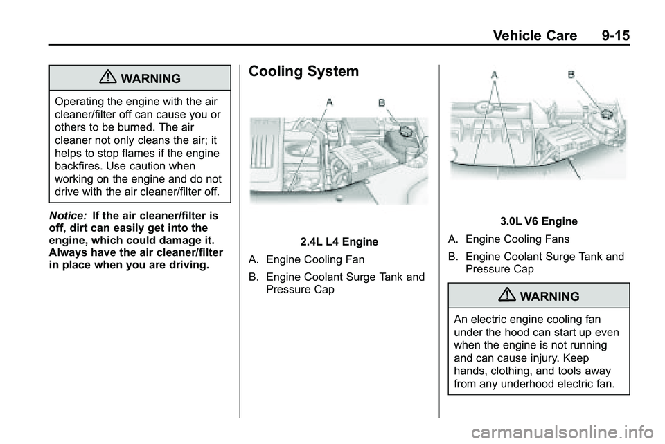 GMC TERRAIN 2010  Owners Manual Vehicle Care 9-15
{WARNING
Operating the engine with the air
cleaner/filter off can cause you or
others to be burned. The air
cleaner not only cleans the air; it
helps to stop flames if the engine
bac
