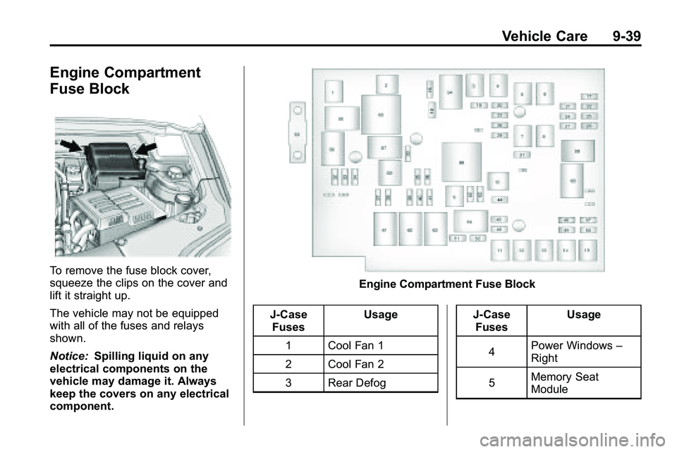 GMC TERRAIN 2010  Owners Manual Vehicle Care 9-39
Engine Compartment
Fuse Block
To remove the fuse block cover,
squeeze the clips on the cover and
lift it straight up.
The vehicle may not be equipped
with all of the fuses and relays