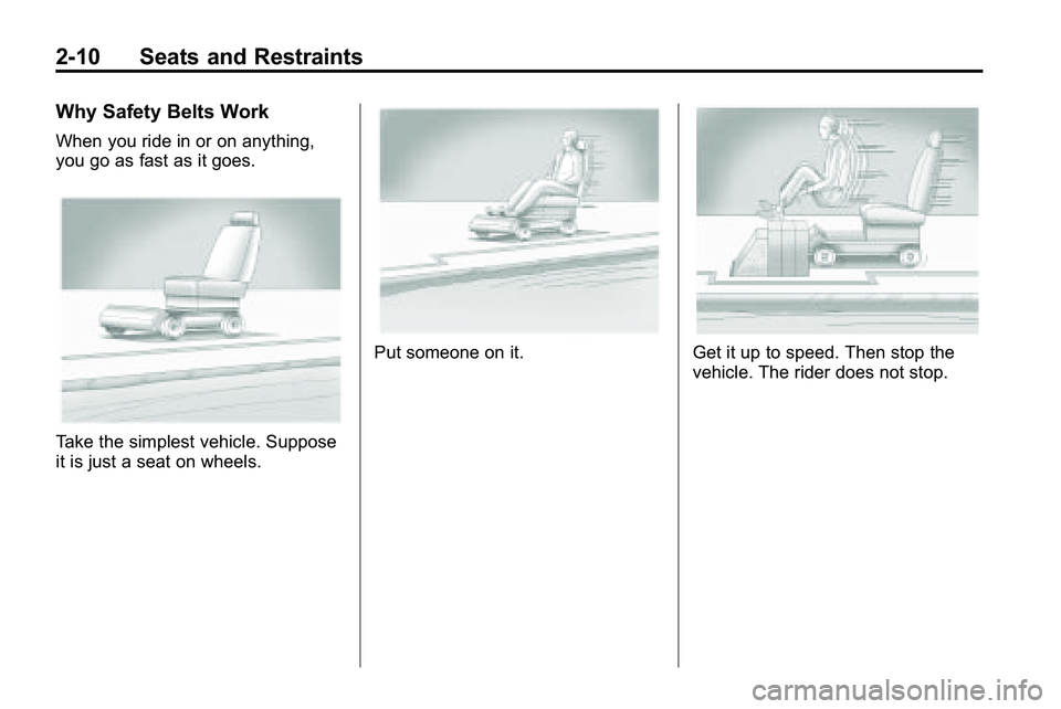 GMC TERRAIN 2010 Owners Guide 2-10 Seats and Restraints
Why Safety Belts Work
When you ride in or on anything,
you go as fast as it goes.
Take the simplest vehicle. Suppose
it is just a seat on wheels.
Put someone on it.Get it up 